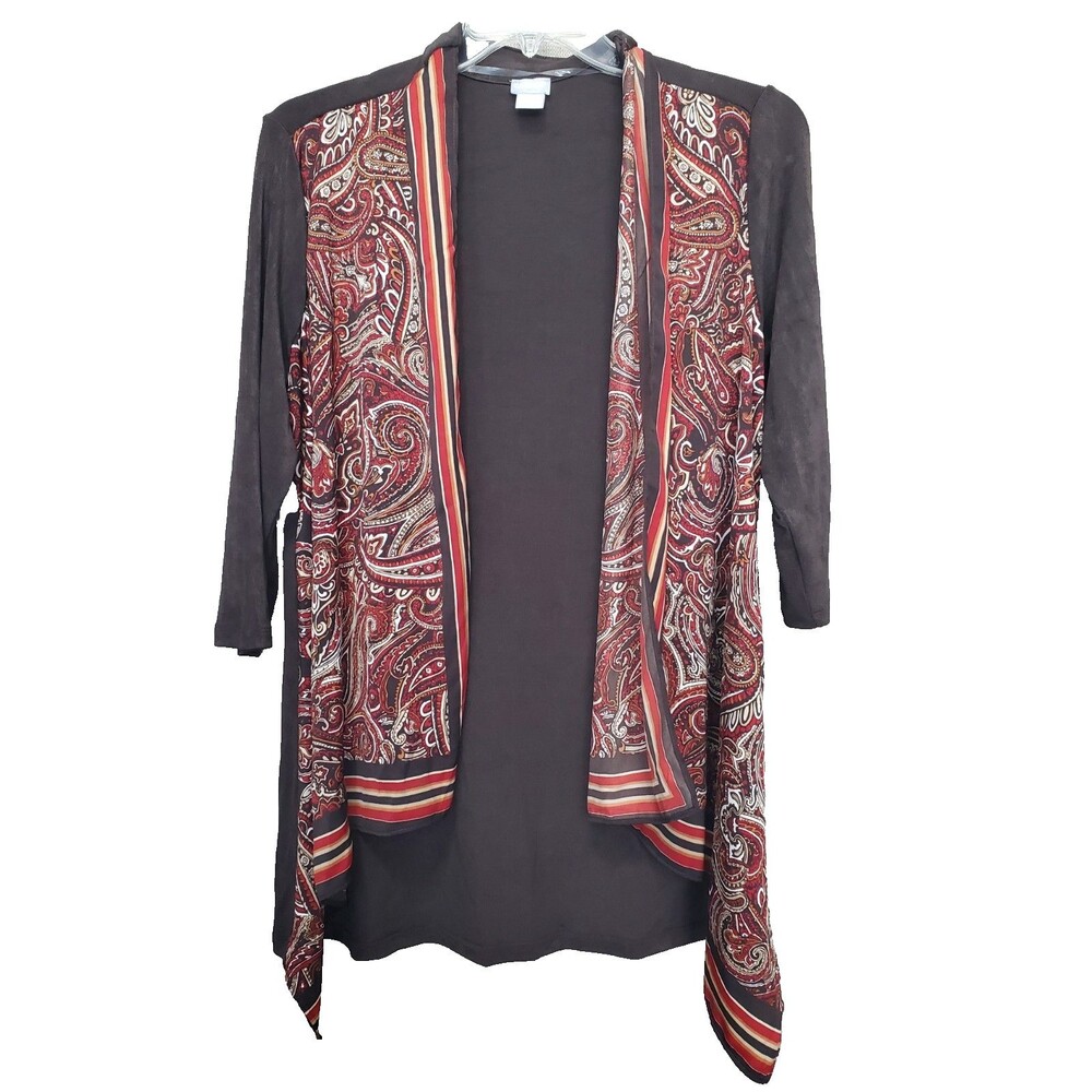 Chico's Travelers Mixed Media Brown Draped Front Longline Cardigan Size 2 Large